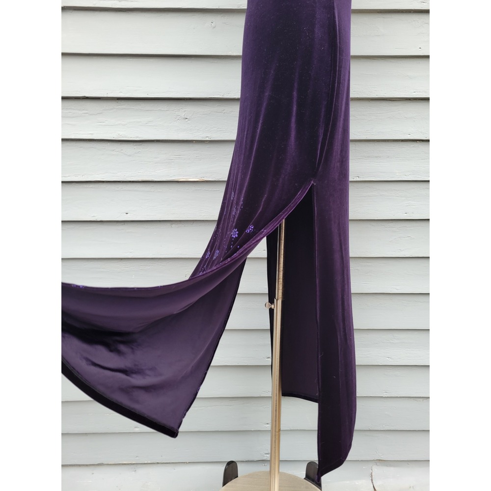 Status Collection Maxi Dress Purple Velvet Glitter Floral Slit Vintage Small - Picture 6 of 9